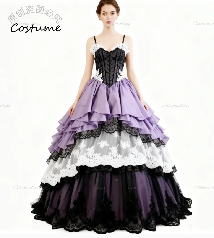 Glamorous Purple Black Gothic Wedding Gowns Sexy Spaghetti Straps Tiered Lace Victorian Bridal Gowns Vintage Medieval Baroque