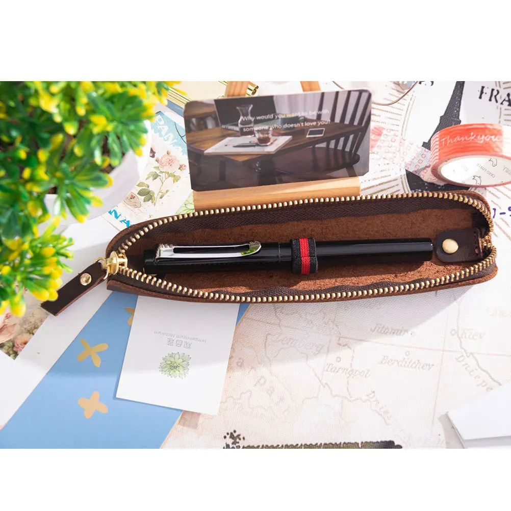 

Pen Case Dark Brown Handmade Retro Design Zipper Pouch For Fountain Ballpoint Pens Pencil Bag Pen