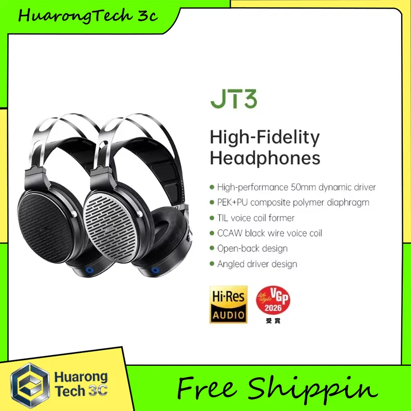 FiiO JT3 Fones de ouvido over-ear com driver dinâmico de 50 mm, diafragma composto PEK+PU, cabo removível de 3,5 mm com microfone HiFi