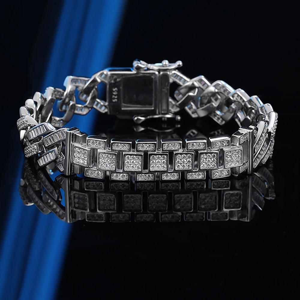 

S925 Sterling Silver Cuban Bracelet 11.5mm Width Thick Chain Zircon Inlay for Men Hip Hop Party Fashion Cool Fine Jewelry