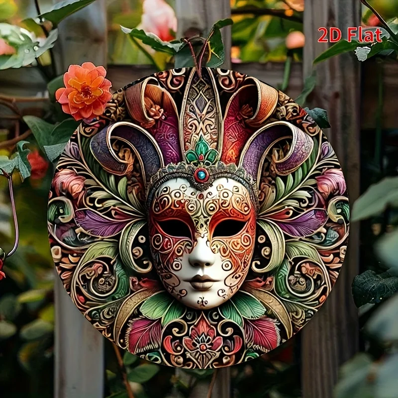 2D Flat Print, 1pc, Mardi Gras Mask Theme, Lily Ornament Sign Decoration, Stylish Round Wall Decor, Eye-Catching Beauty - Garden