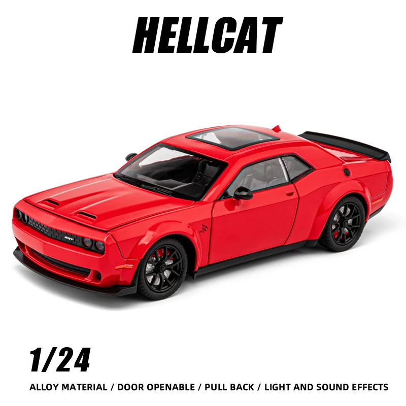 Hellcat Brinquedo de carro muscular para menino, 1:24, porta traseira rápida e furiosa, som aberto, liga diecast, coleção Sport Auto Metal Gift