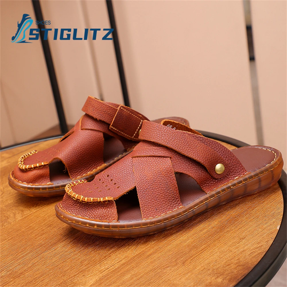 

Sewing Thread Stitched Oxford Soft Sole Slippers Hollow Non-Slip Flat Sandals Men's Outdoor Vacation Beach Flat Casual Slippers