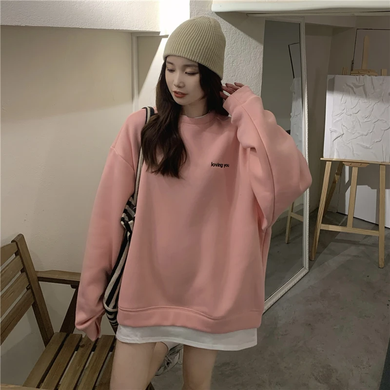 Korean Style Letters Embroidery Sweatshirts Women Loose O-neck Long Sleeve Tops Fake Two Pieces Splicing Office Lady Pullovers