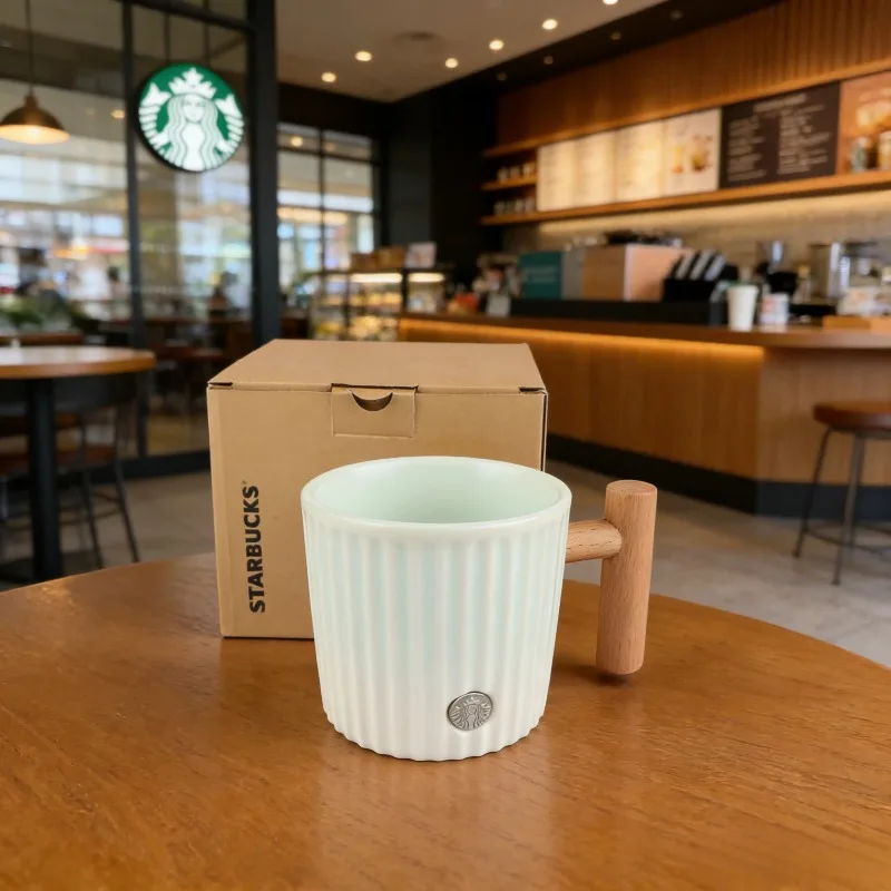 Caneca Verde Menta Starbucks com Alça de Madeira, Caneca de Cerâmica com Listras Verticais para Café, Escritório, Casa, Café da Manhã