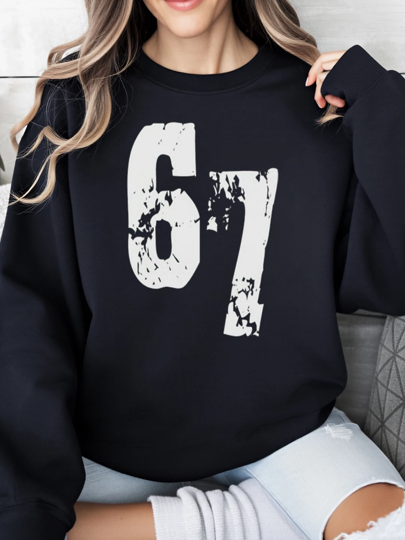 

Толстовка с принтом цифр 67, женская повседневная одежда на Хэллоуин, черная, больших размеров