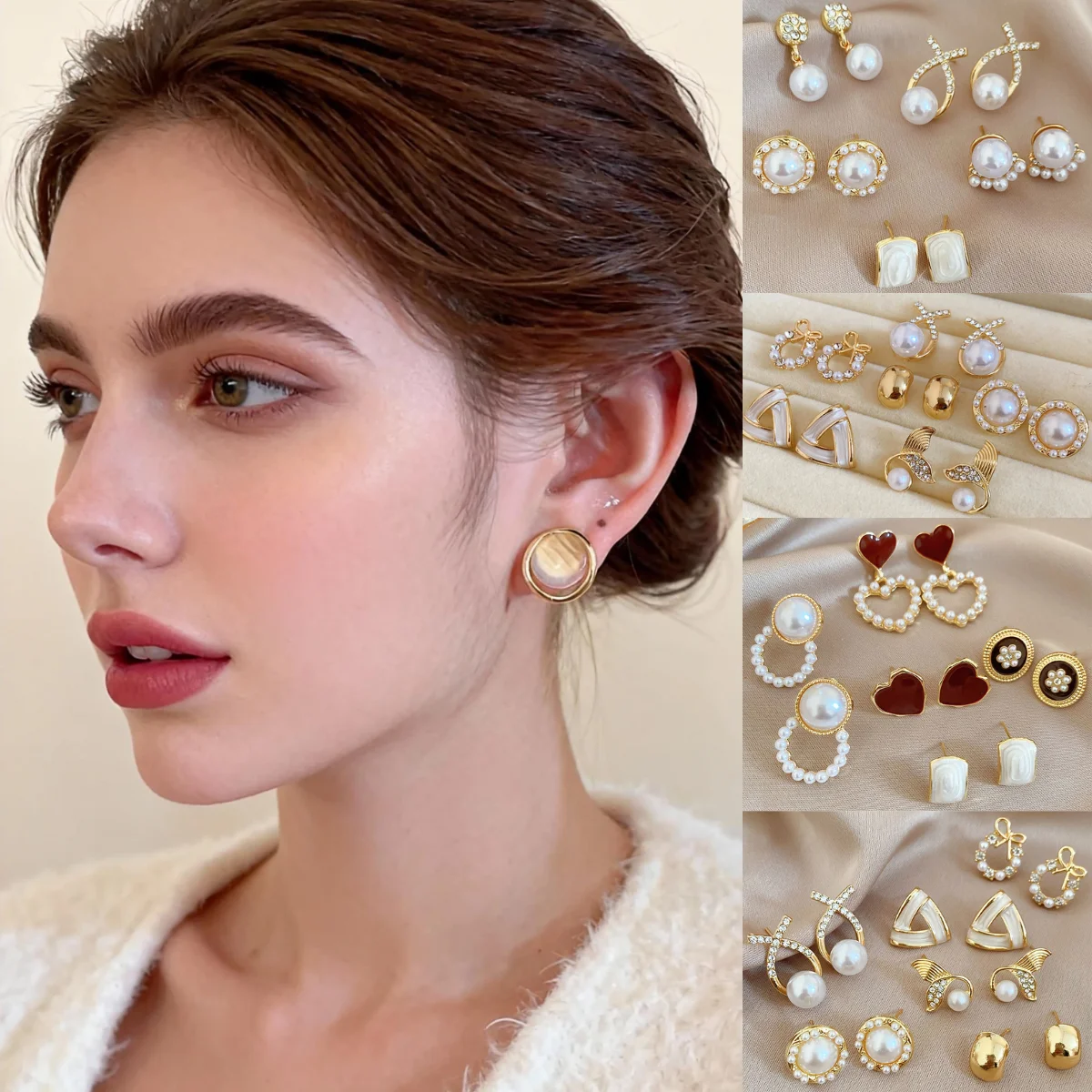 

【5-Piece Set】Pearl and Silver Ear Studs Casual Fashion Earrings Wedding Romantic Earrings Wedding Imitation Pearl Ear Studs