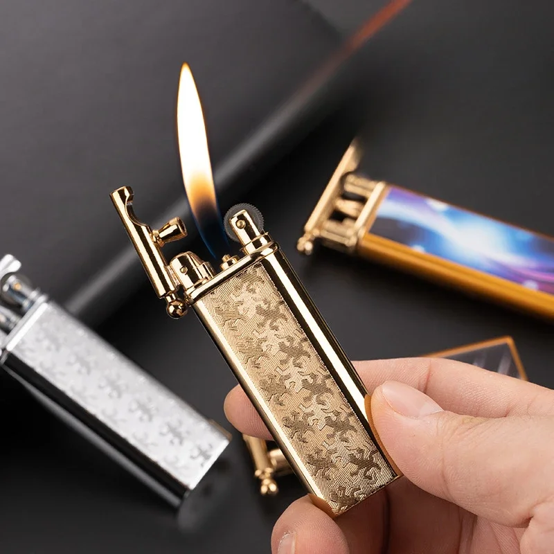 Metal Ultra Thin Relief Texture Open Fire Inflatable Lighter Classic Retro Grinding Wheel Ignite Portable Gas Lighters Smoking