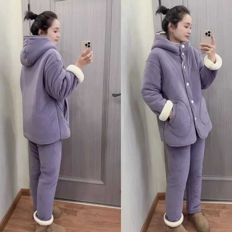 

New Three-layer Cotton Hooded Set Pajamas Home Wear Can Be Worn Outside Casual Fashion Warm Set Added Fleece Thickening Women