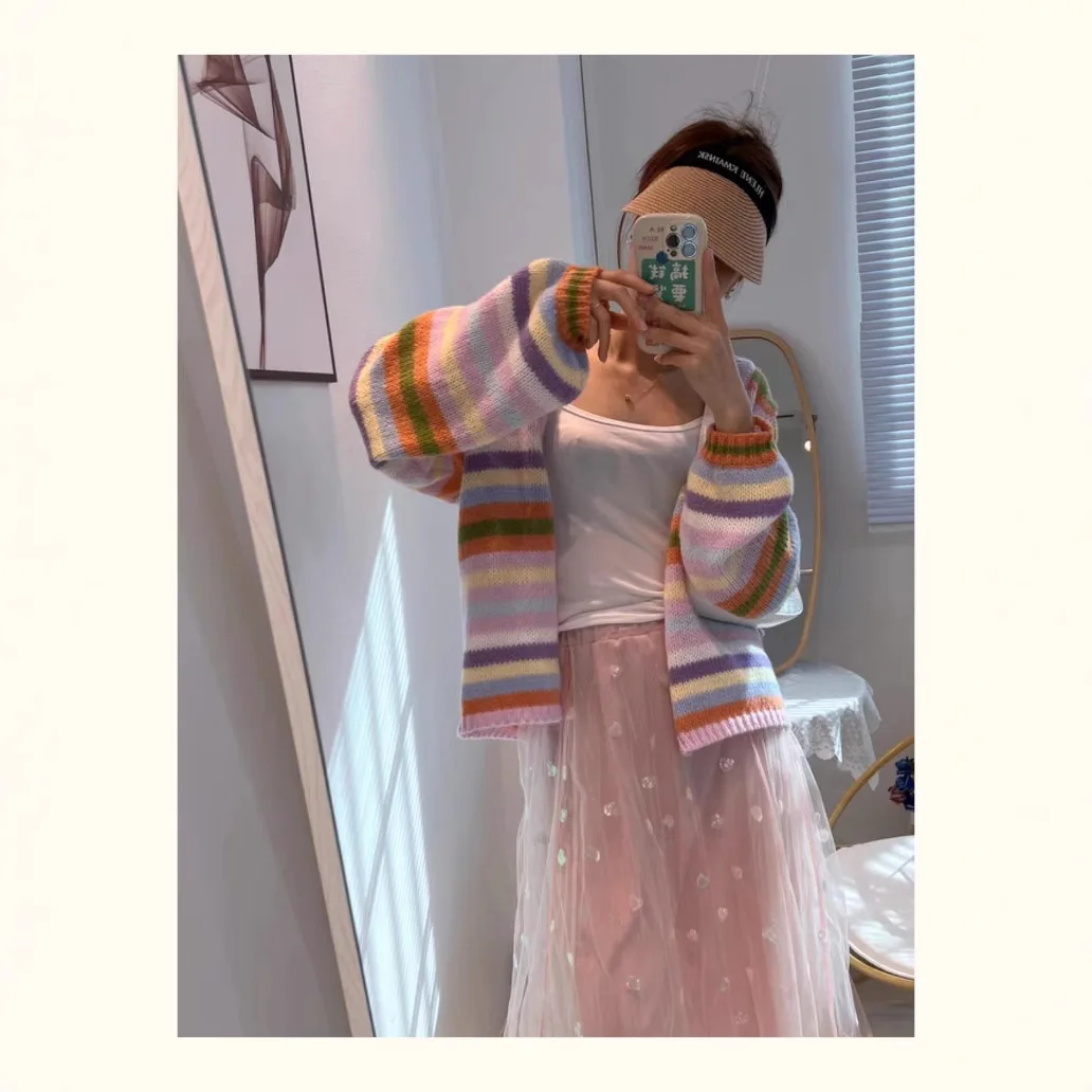 

Весенне-осенний полосатый контрастный цветной свободный кардиган женский корейский сладкий карамельный цвет открытый вязаный свитер женский кардиган