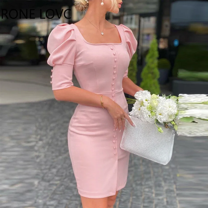 Women Chic Solid Puff Princess Sleeves Square Collar button Bodycon silt Mini Sweet Pink Dresses