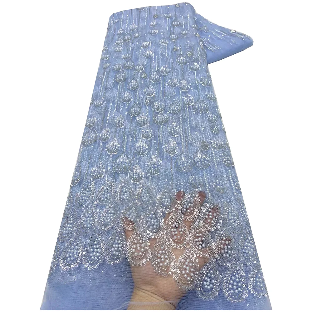 アフリカチュールビーズレーススパンコール生地 Fashionial 5 ヤードメッシュ素材女性のためのパーティードレス高級ビーズレース