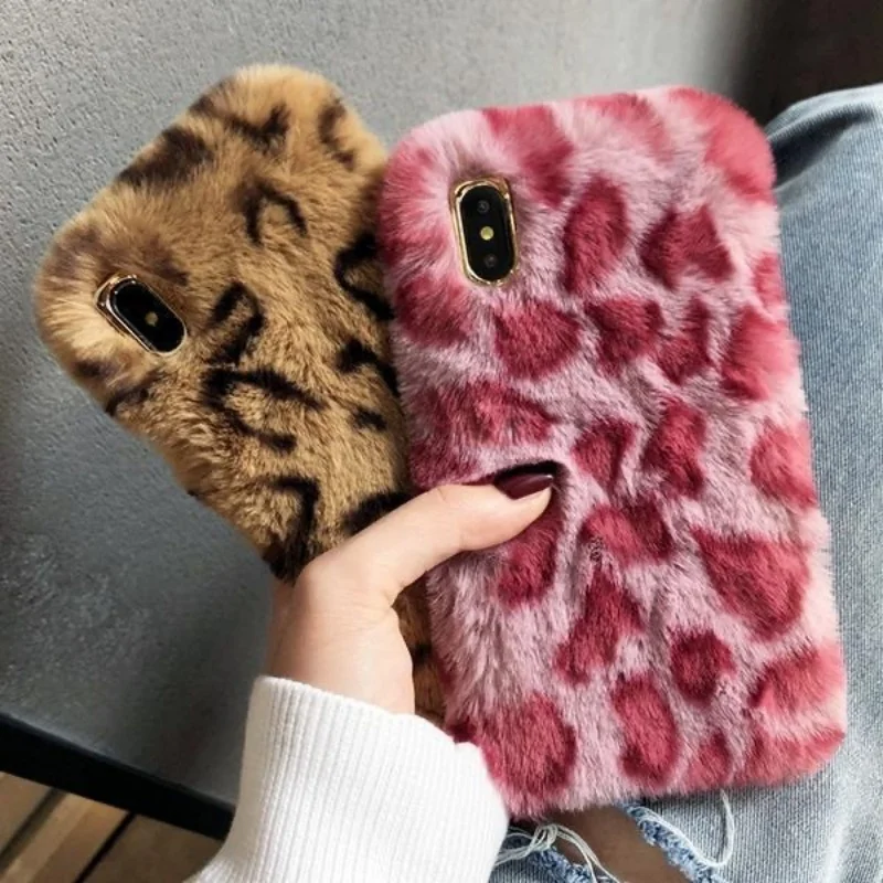 Autumn/Winter Plush Phone Case Apple Personalized Leopard Pattern Silicone Soft Case Anti Drop Women's Trendy Ins Plush Case