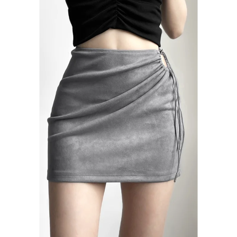 Nova cor sólida feminina emagrecimento rua moda cintura alta saco hip saia com cordão