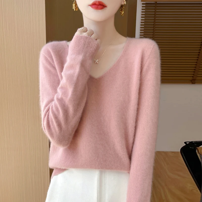 Women 100% Merino Wool Sweater V-Neck Basic Pullover Autumn Winter Cashmere Clothing Long Sleeve Soft Knitwear Tops Solid Color