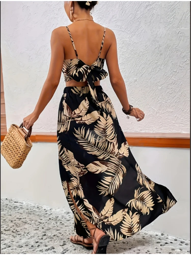 Elegant Deep V-neck Dress Women Summer Sleeveless Printed Vest Skirt Set Sexy High Slit Trend Dresses