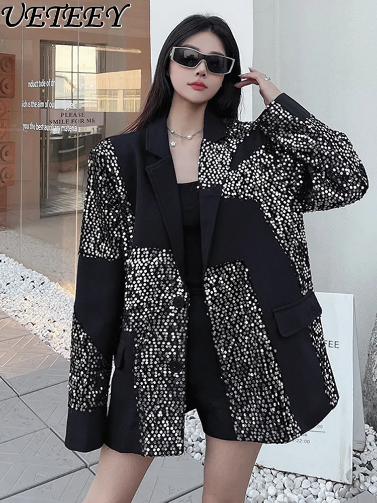 

Black Heavy Sequin Blazer Coat for Women Autumn Unique Design Elegant Fashionable High-end Long Sleeve Loose Suit Jacket
