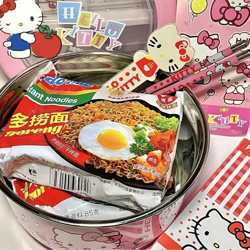 Kawaii Sanrio Hello Kitty Stainless steel ramen bowl cover cute big instant noodles Fruit salad rice soup bowl Kitchen utensils