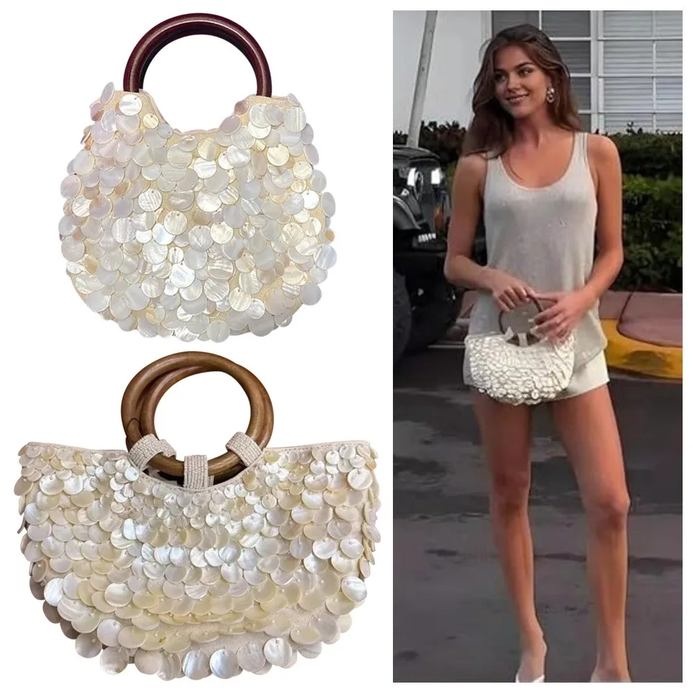 

Fairy Handmade Beaded Bag Seashell Bag Beaded Purse Shell Purse for Women-Luxury Pearl Sequin Clutch with Top Handle