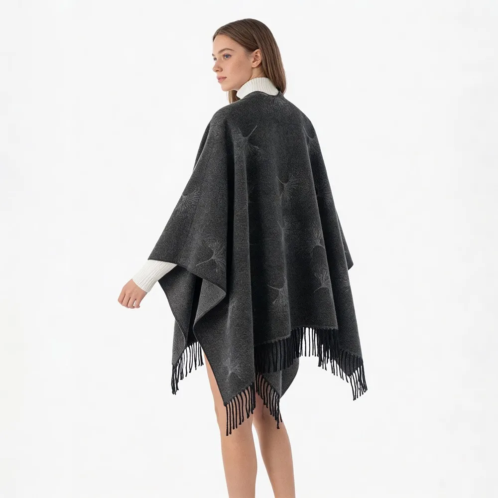 Upgrade Soft Comfort Wool Blend Lucky Ginkgo Leaf Poncho Long Cape Coat Unisex Spring Autumn Winter Cloak Blanket Thick Shawl