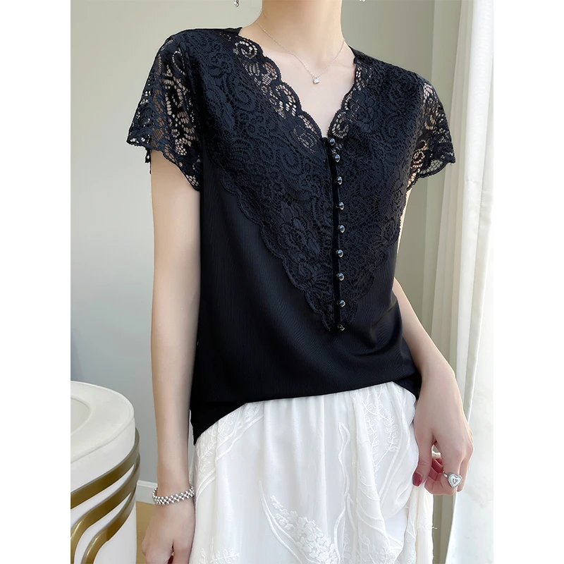 DjzDsm summer new V-neck lace shirt women loose short sleeve ice silk thin chiffon top Breathable base shirt 2024