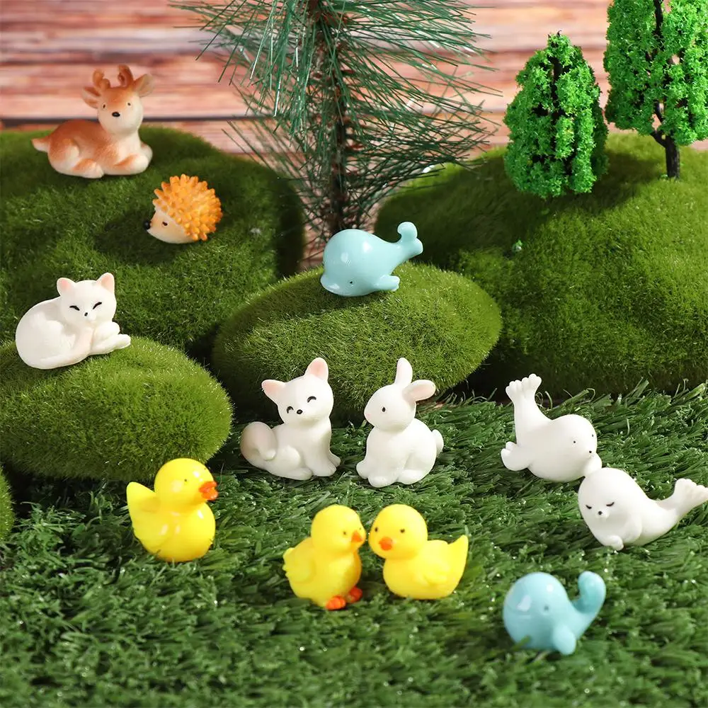 Micro Landscape Animals Figurines Miniature Rabbit Deer Chicken Duck Hedgehog Frog Cat Resin Fairy Garden Doll House Ornament