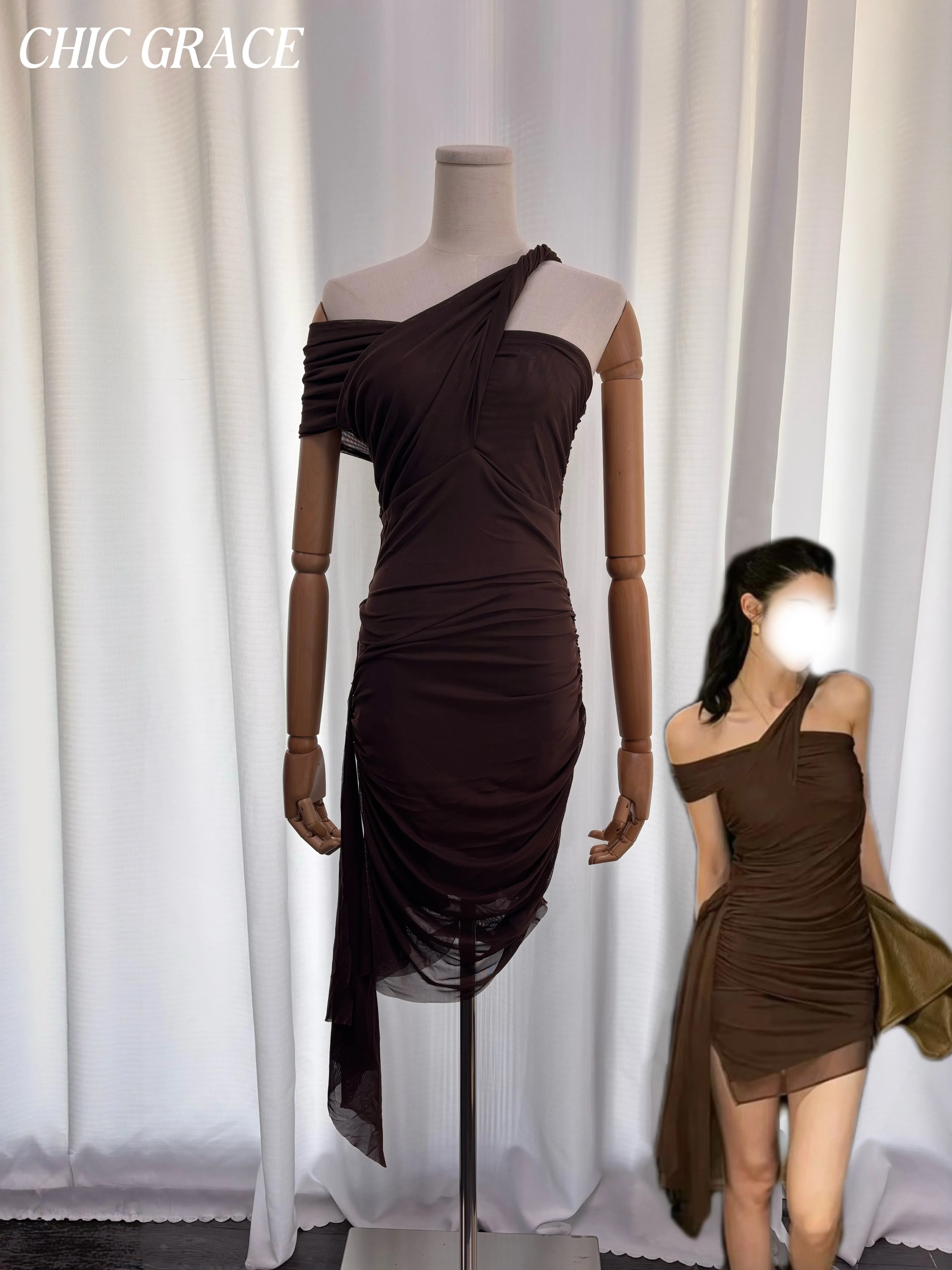 Real Shot Women Sexy One Shoulder Mesh Mini Dress Asymmetrical Streamer Ruched Bodycon Dress Night Club Party Evening Short Dres