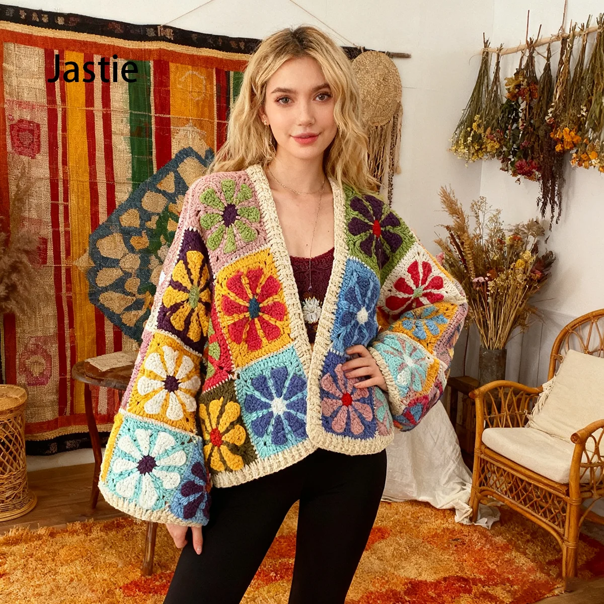 

2025 Holiday National Handmade Flower Crochet Knitted Cardigan Women Autumn Long Sleeve Retro Loose Splicing Sweater Jacket