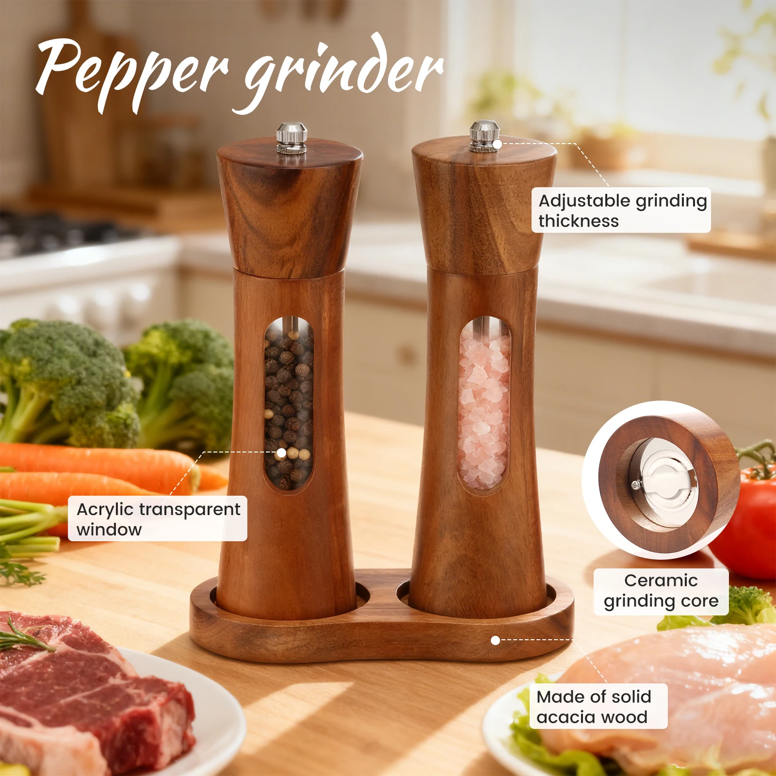 2Pack Wooden Pepper Grinder Salt Pepper Mill Grinding Manual Spice Mill Adjustable Spice Salt Grinder Kitchen Cooking Tool Stuff