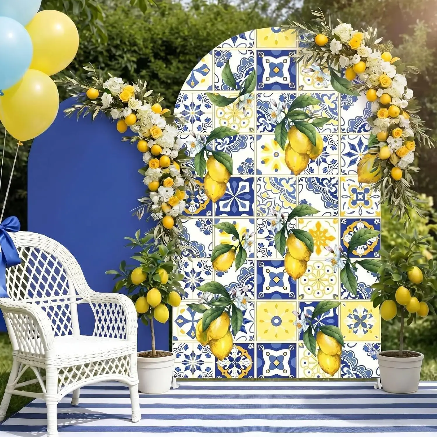 Custom Name Blue Plaid Lemon Tree Arch Backdrop Cover Double‑Sided Fabric Birthday Wedding Party Photography Wall Decoration