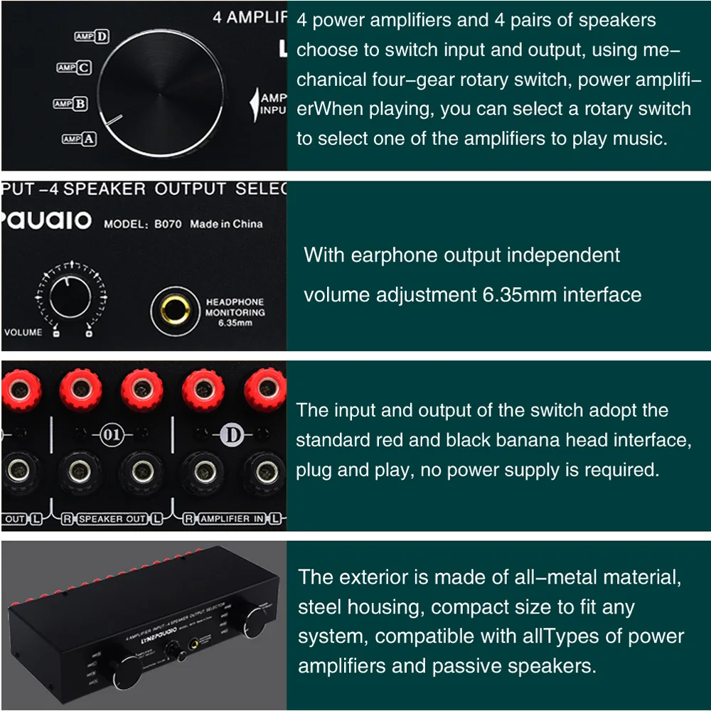 LYNEPAUAIO Verstärker-Lautsprecher-Wahlschalter, 4 Eingänge, 4 Ausgänge, Leistungsverstärker, Lautsprecher-Wahlschalter, 300 W pro Kanal