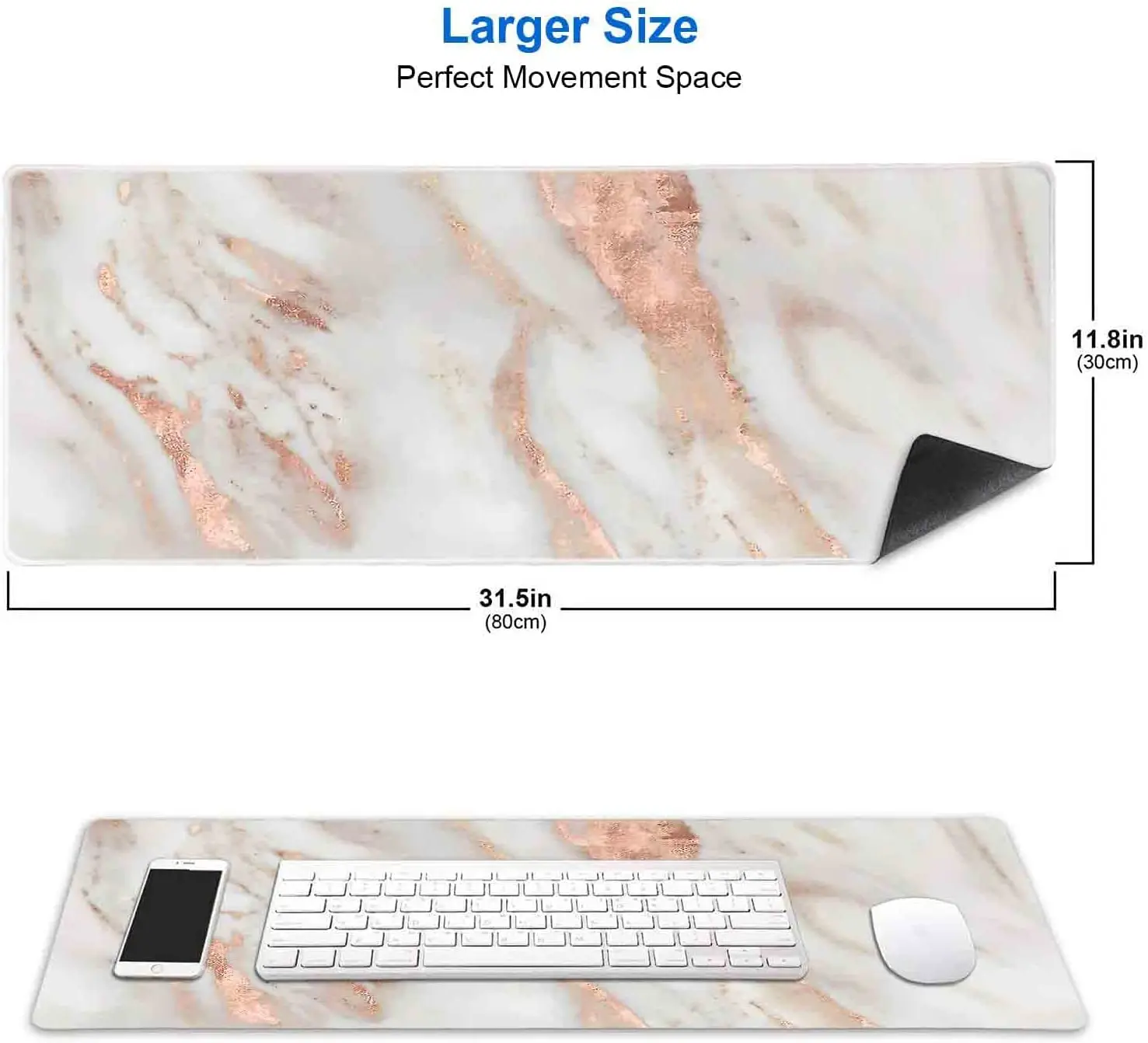 White and Rose Gold Marble Mouse Pad Non-Slip Rubber Base Mousepad Women Girly 31.5x11.8 Inch - Abstract Metallic Luxury Texture