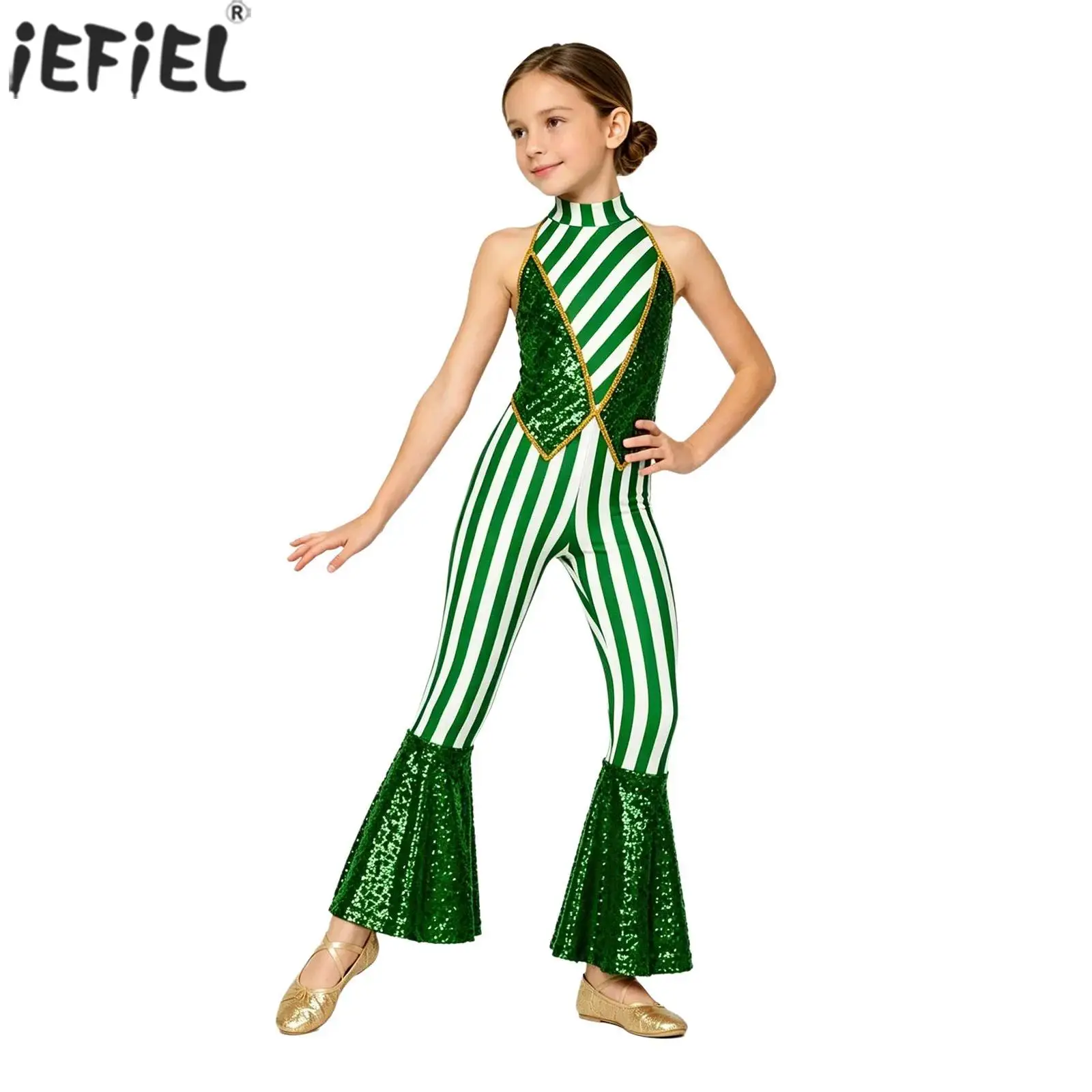Kids Girls Christmas Candy Cane Striped Unitard Halter Backless Shiny Sequin Bell-bottom Jumpsuit Ballet Dance Gymnastic Leotard