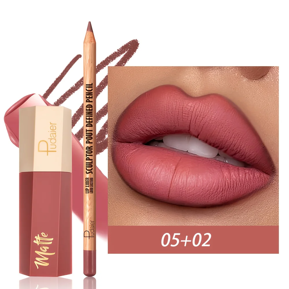 1 conjunto de brilho labial fosco e conjunto de canetas de delineador labial, de longa duração, à prova d'água, não é fácil de borrar, textura de veludo