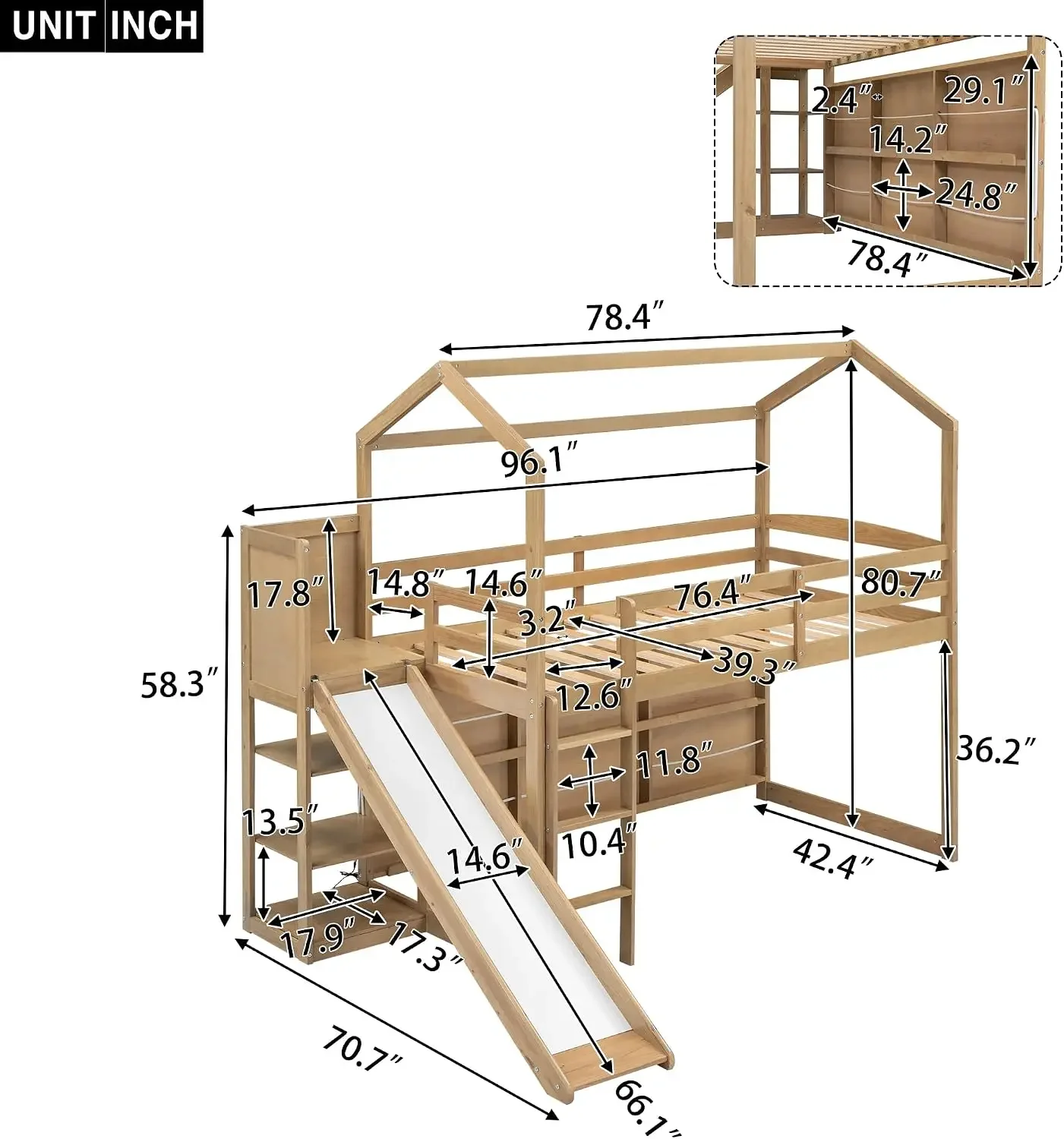 US Shipping Brand new US WarehouseTwin Size Loft Bed with Slide and Storage Shelves for Kids, Solid Wood House Loft Bed Frame wi
