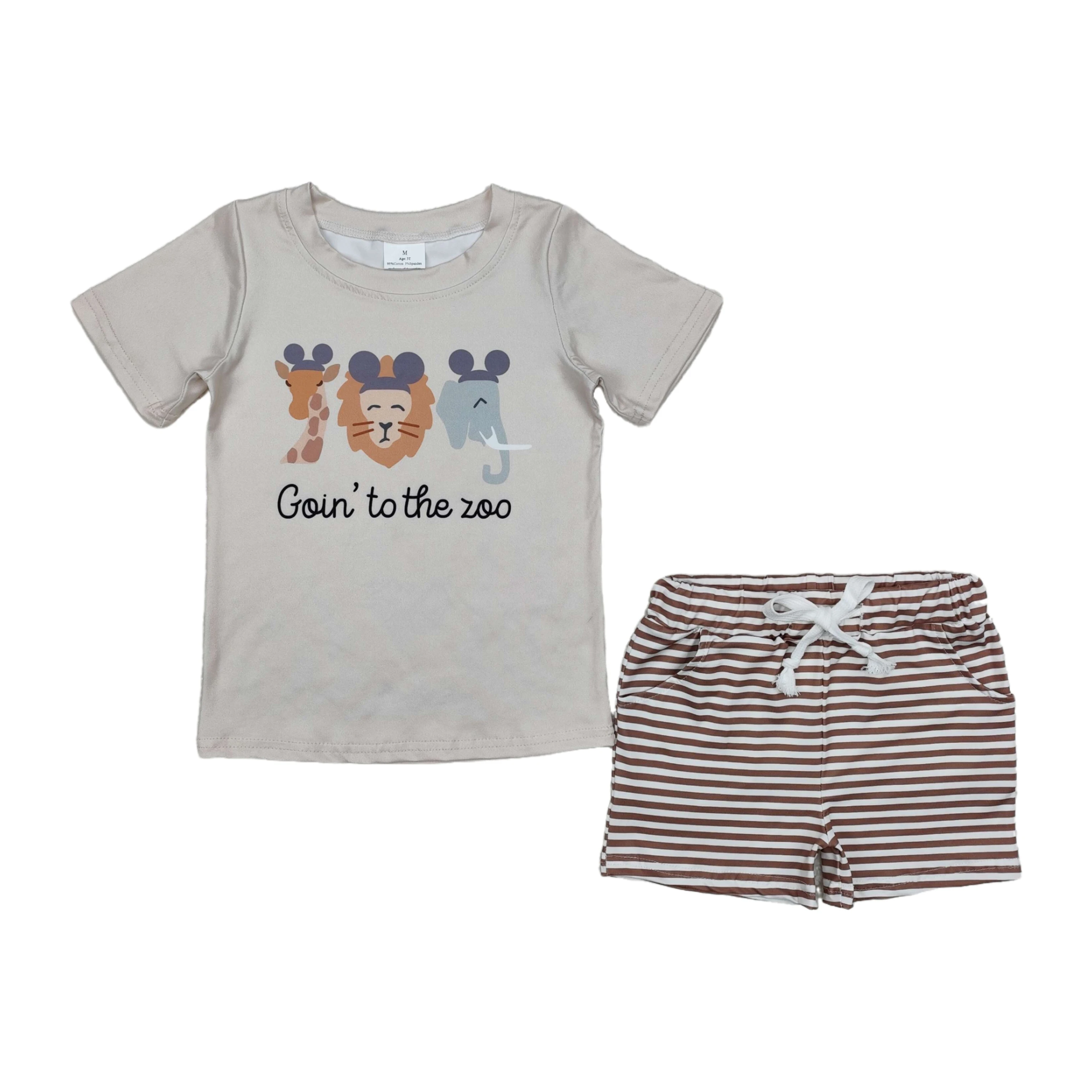 

Wholesale Baby Boy Short Sleeves Animals Grey Shirt Set Toddler Infant Stripes Shorts Kids Children Summer Two Pieces Outfit