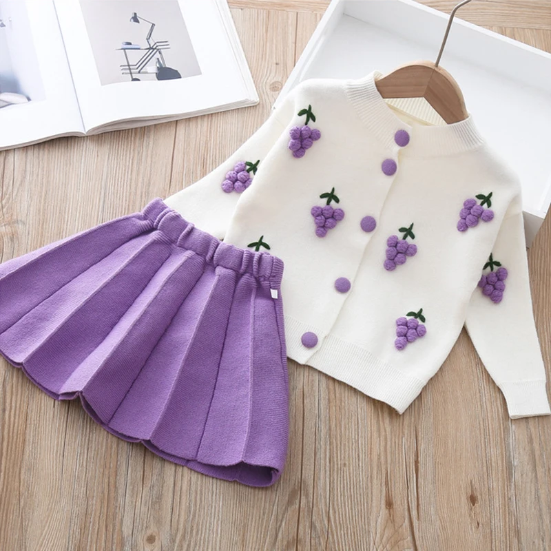 Spring Autumn Baby Girls Clothing Sets Cute Grape Strawberry Flower Cardigan Sweater + Skirt 2Pcs Little Princess Suits 1-5 Year