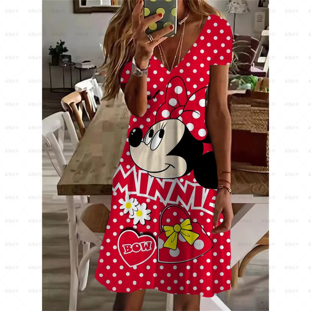 Disney Mickey Mouse Chic Print Sexy V Neck Short Sleeve Dress 2024 Summer New Elegant Sexy Knee Length Dress Women