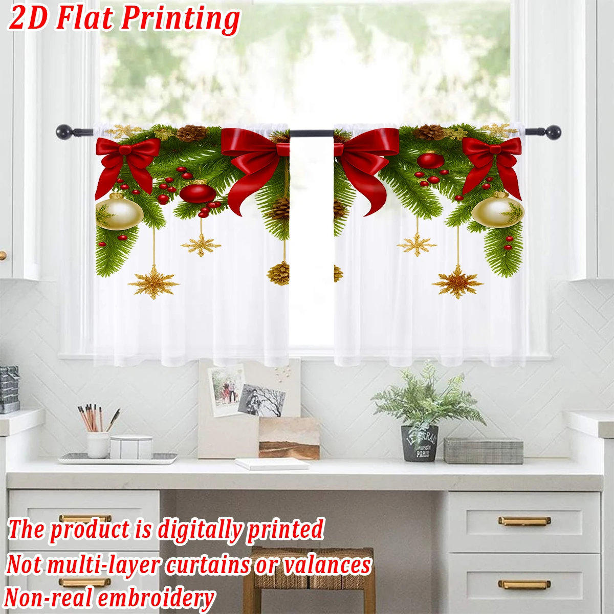 Christmas Flat Printing Kitchen Sheer Curtain with Christmas Ball Bow Snowflake Pine Branch For Christmas Home Decor  Party
