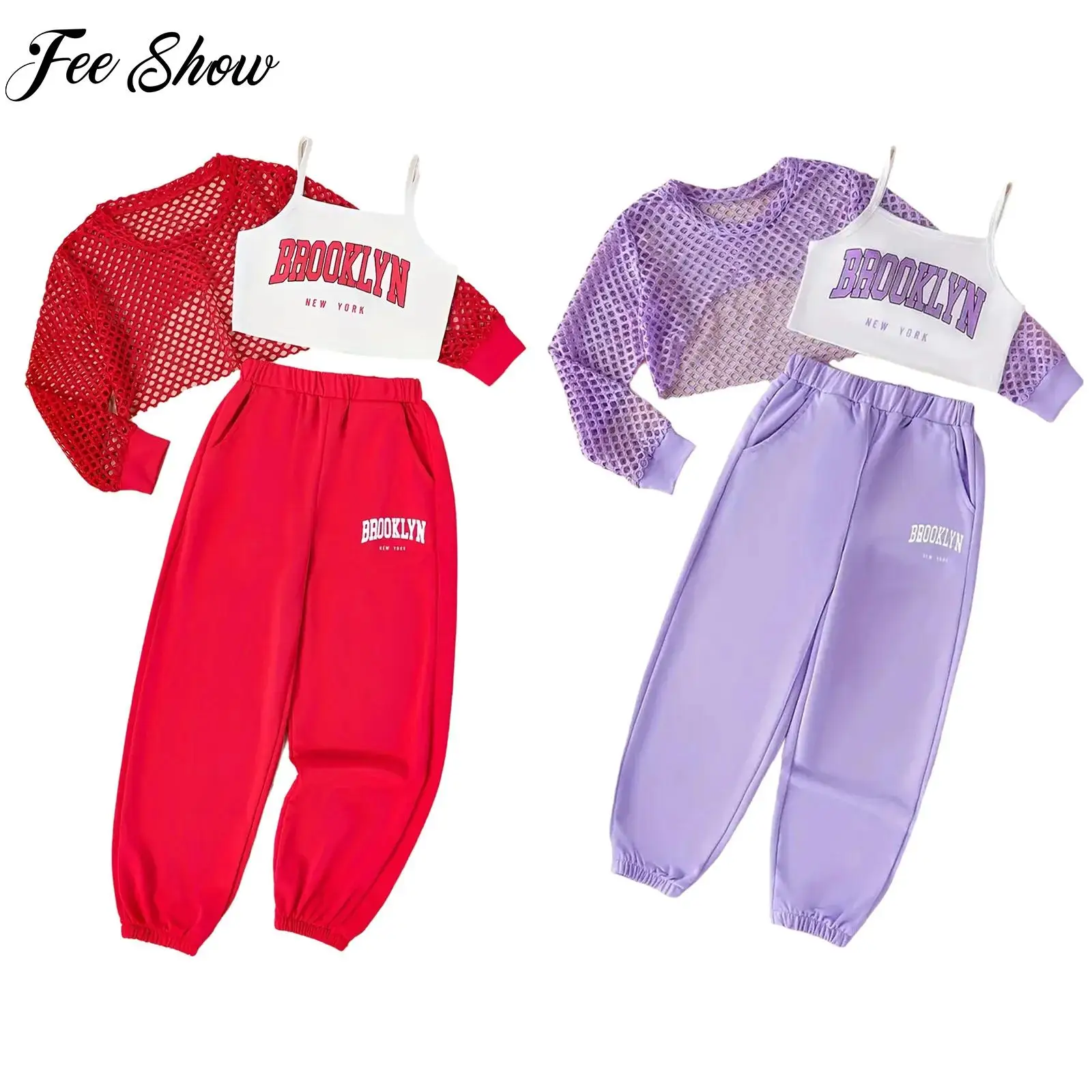 

Children Girls Jazz Dance Sets Hip-Hop Performance Yoga Sports Clothes Streetwear Long Sleeve Mesh Crop Top+Vest+Sweatpants Set