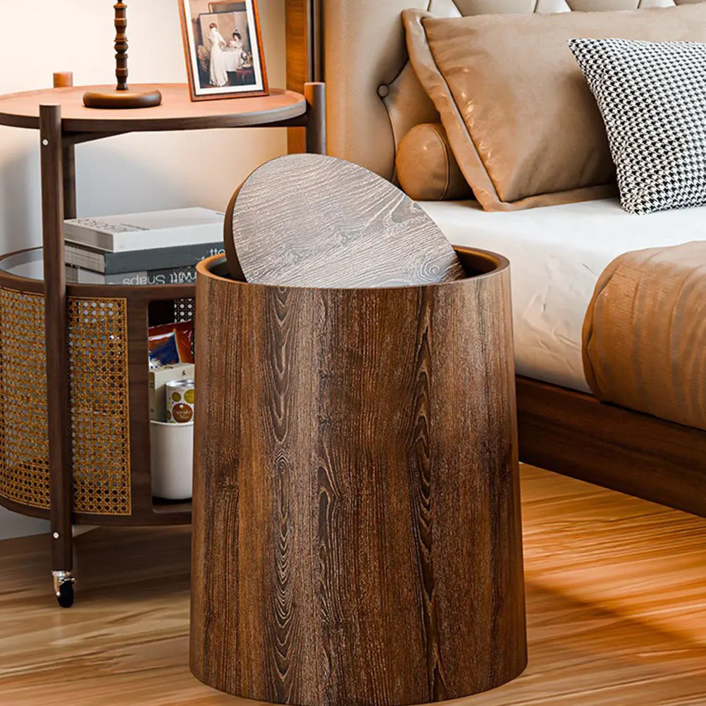 

Imitation Wood Grain Trash Can Kitchen Garbage Bin Bedroom with Lid for Office Waste Basket Decorative