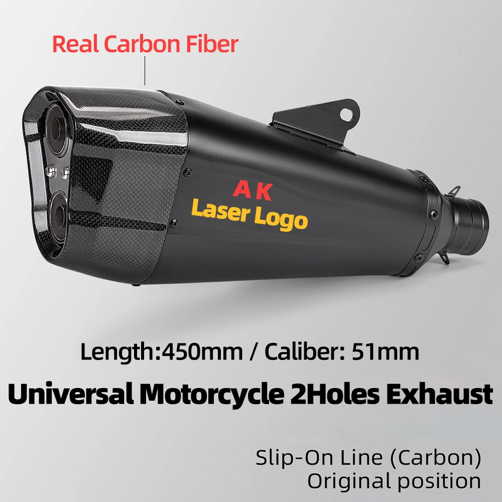 

Universal Motorcycle 2Holes AK Exhaust Muffler Escape For Z400 R3 CBR650 MT07 09 F850GS F1200GS ZX-6R TMAX560 Exhaust Accessorie