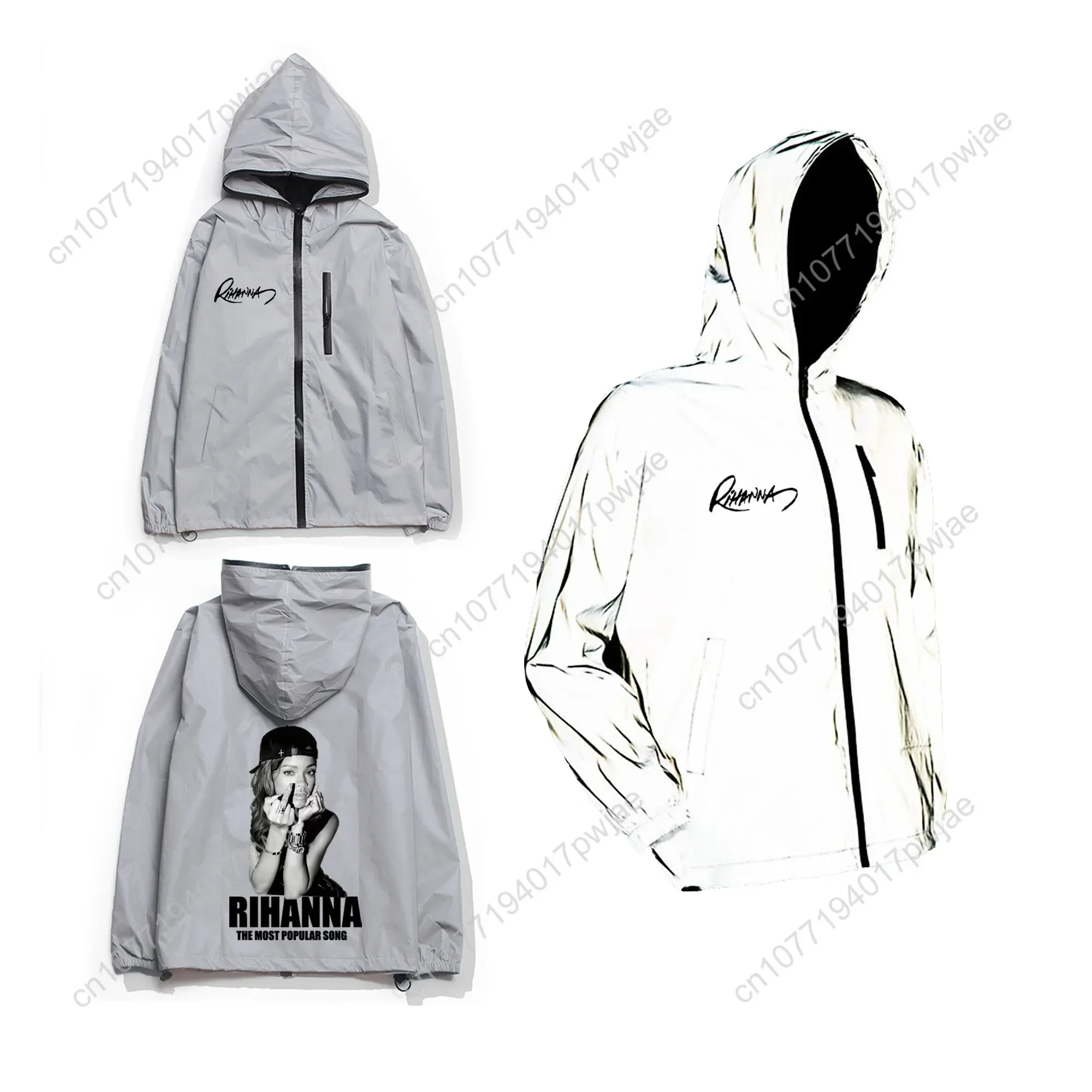 Rihanna Hip-hop rapper Reflective Jacket Mens Womens Coat Hooded Windbreaker Run Pocket Jackets Hiking Zipper Customized Hoodie