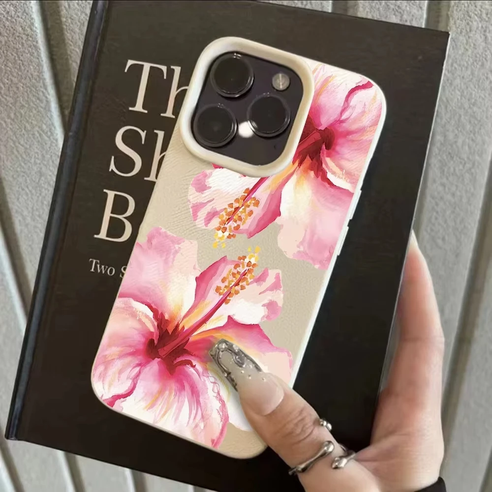 Pink Hibiscus Floral Pattern Phone Case For iPhone 17 Pro Max 16 Plus 15 Pro 14 13 12 11 XR 17Air Lychee Textur Soft Cover