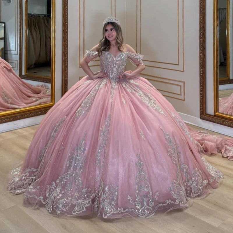 

Pink Shiny Princess Off the Shoulder Sweet 16 Dress Quinceanera Dresses Applique Lace Beading Bow Tull Party Birthday Vestidos
