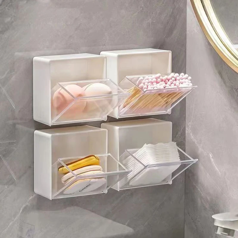 Cajas de almacenamiento de plástico montado en la pared, organizador de baño a prueba de polvo para hisopos de algodón, adhesivo de maquillaje, pequeño soporte para joyas, 4 piezas