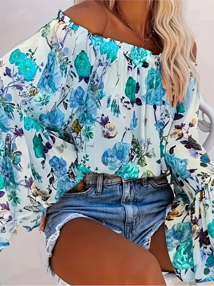 

Fashion Floral Print Shirt Lady Casual Holiday Beach Womens Clothing Elegant Slash Neck Long Sleeve Loose Shirts Tops For Women