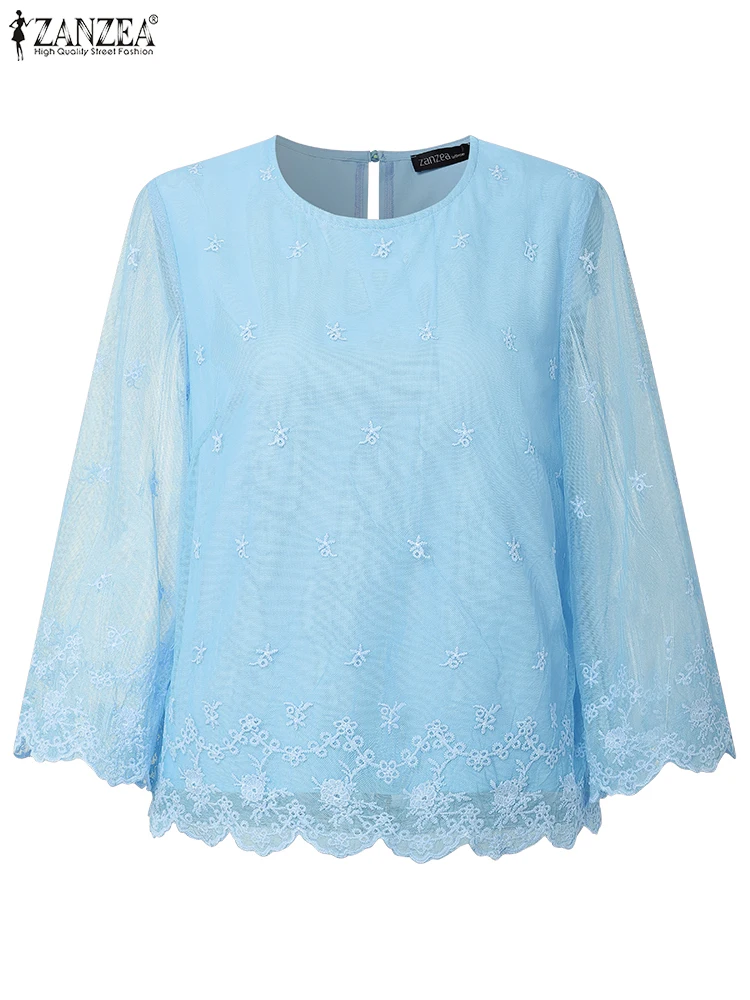 2025 ZANZEA 秋ブラウス女性エレガントな視点メッシュパッチワークチュニックトップス 3/4 スリーブカジュアルプリントシャツルーズ Blusas ファム