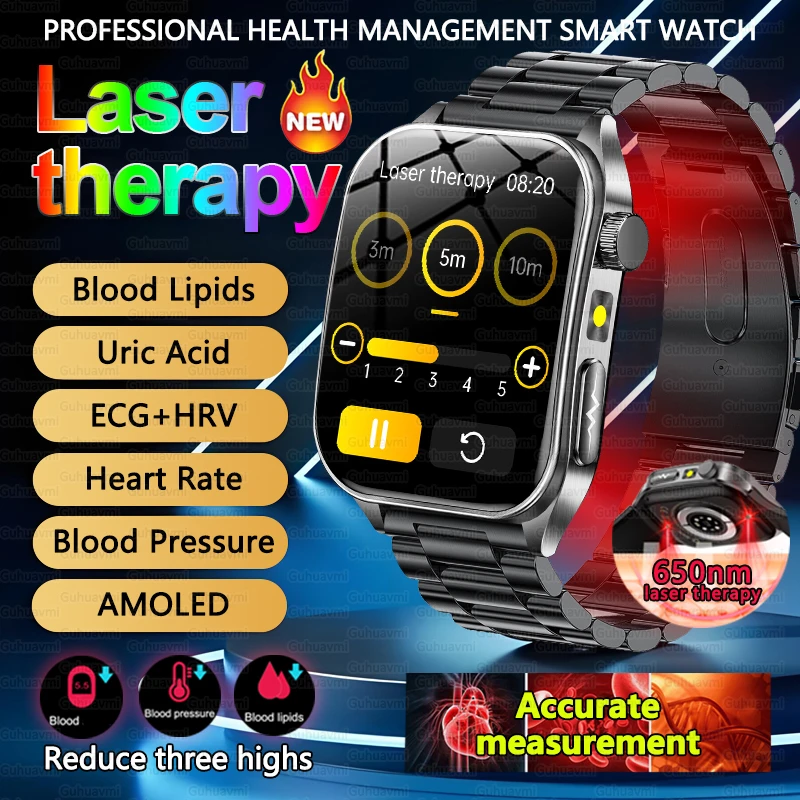 

2025 New Laser Therapy ECG+PPG Smartwatch Men Women Reduce Three Highs Blood Lipids Uric Acid Health Bluetooth Call Smart Watch