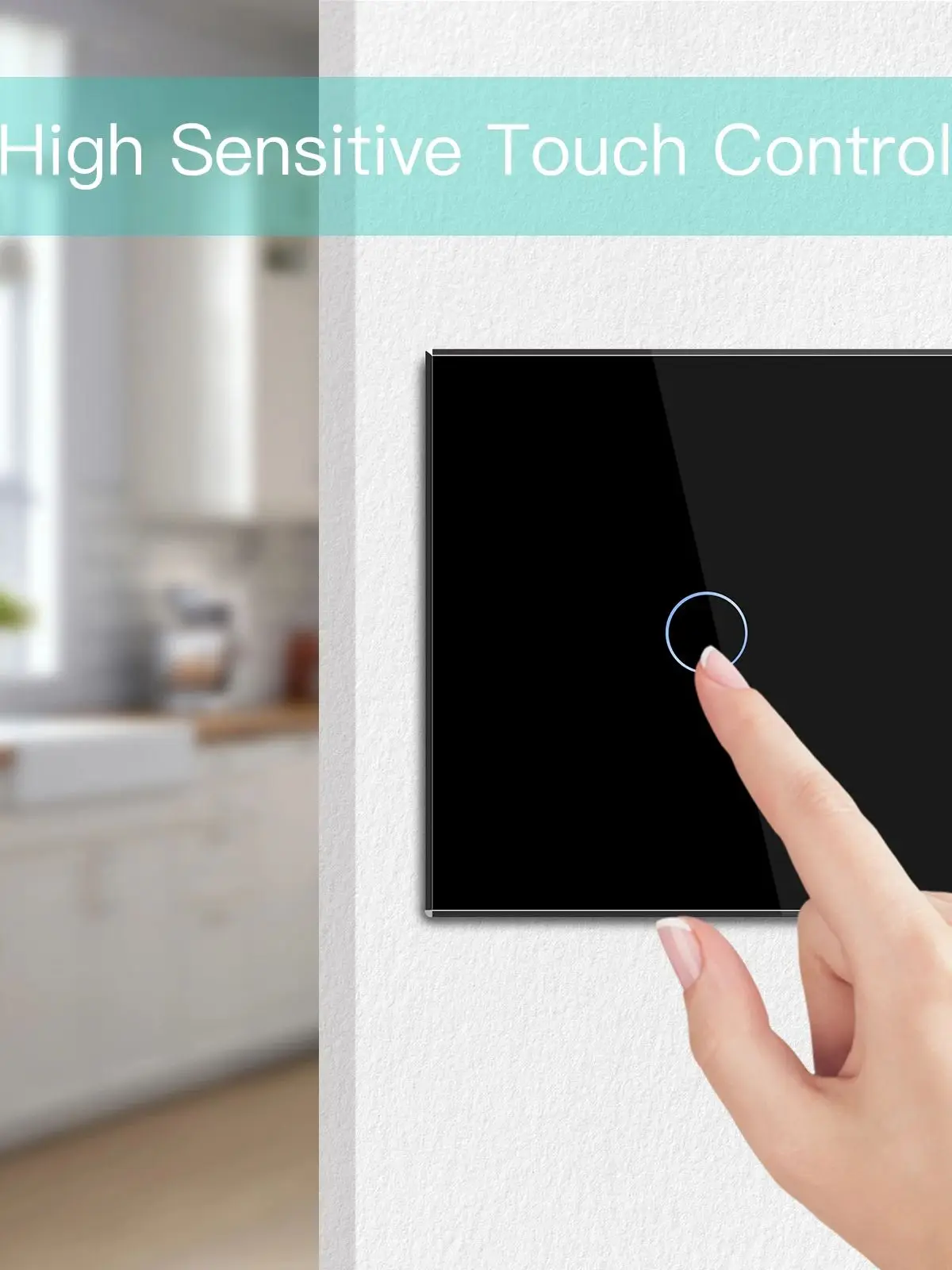 BSEED 1-fach 1-Wege Touch-Schalter Wand-EU-Steckdose Schwarz Kristallklasse Wasserdichter LED-Lichtschalter Schwachblau Hintergrundbeleuchtung Einphasig